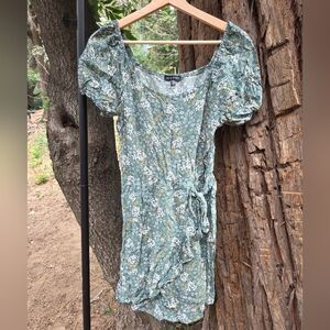 As U Wish Green and White Puff Sleeve Off the Shoulder Floral Mini Sundress‎